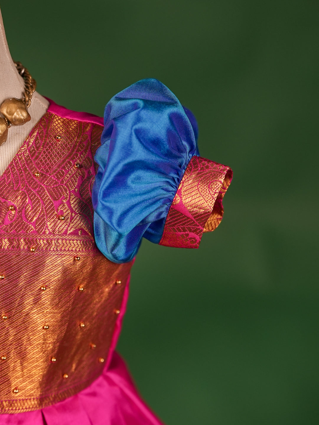 Royal Blue & Orange Kanchipuram Silk Traditional Pattu Pavadai for Kids