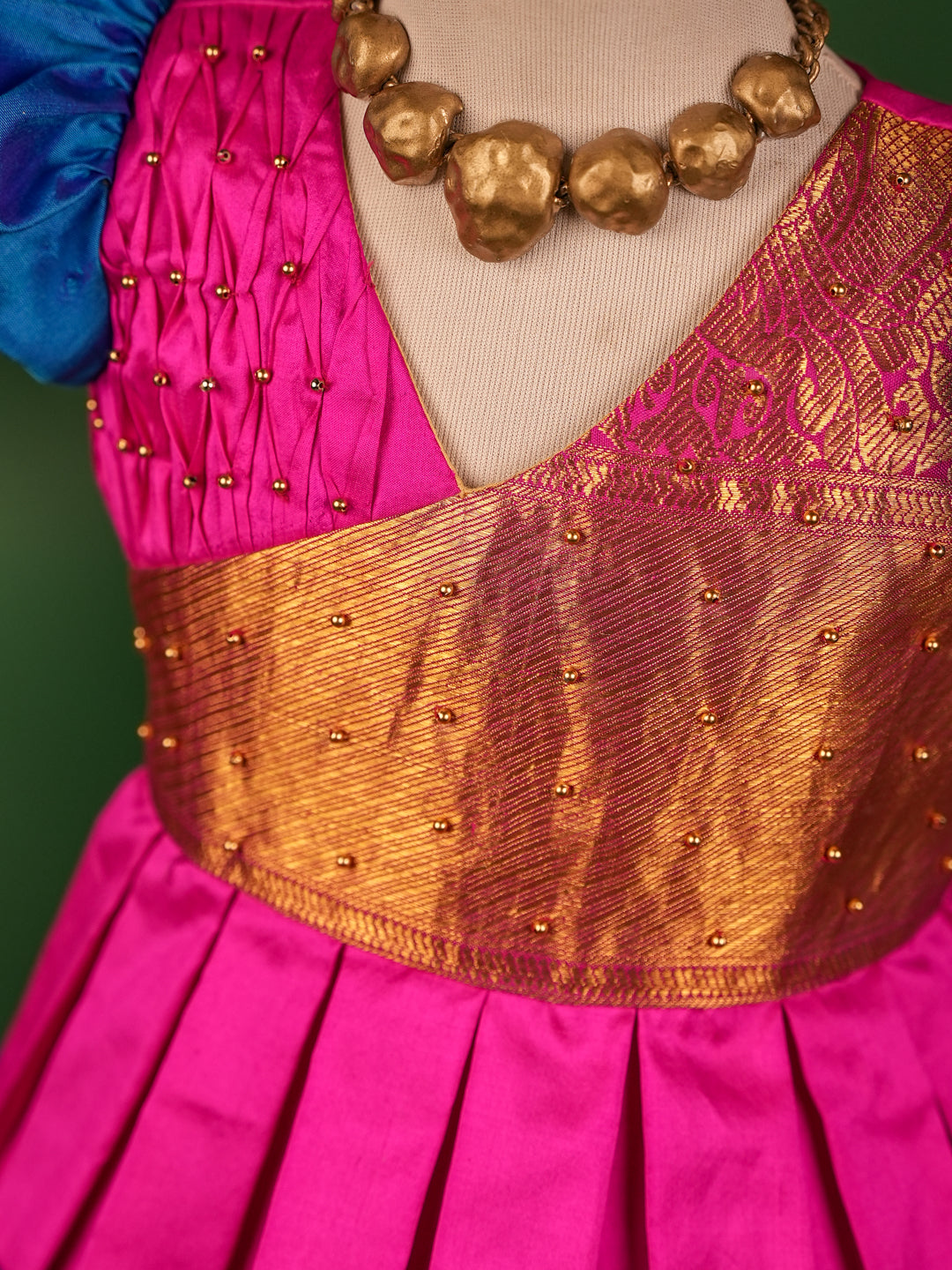 Royal Blue & Orange Kanchipuram Silk Traditional Pattu Pavadai for Kids