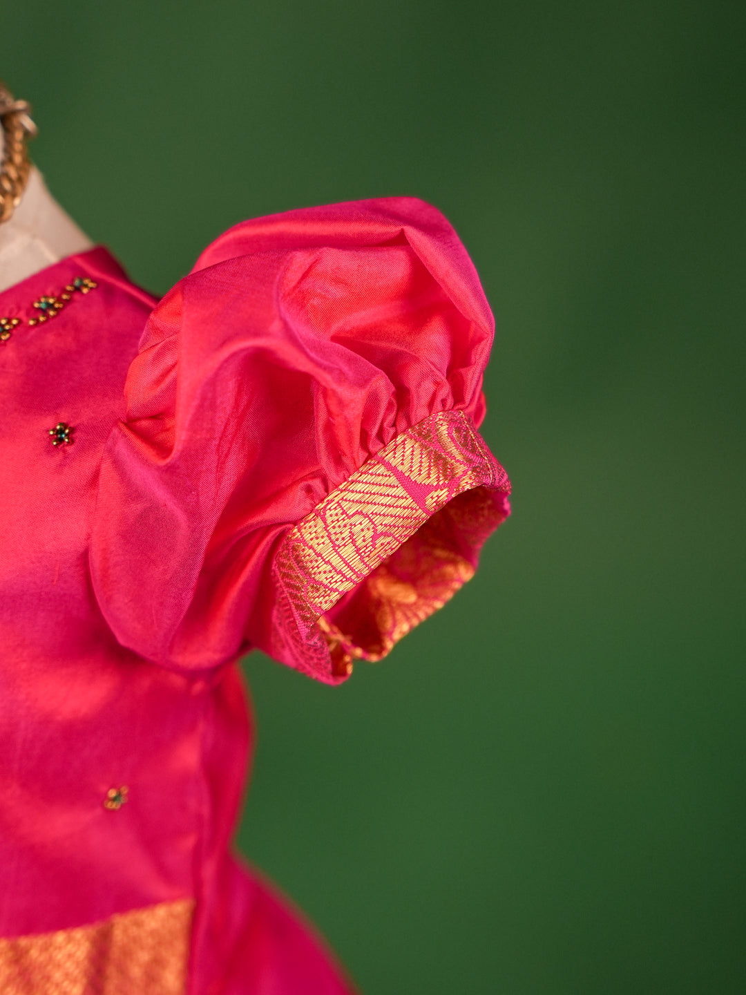 Elegant Pink Pleated Peplum Blouse with Royal Blue & Gold Zari Border Pattu Pavadai