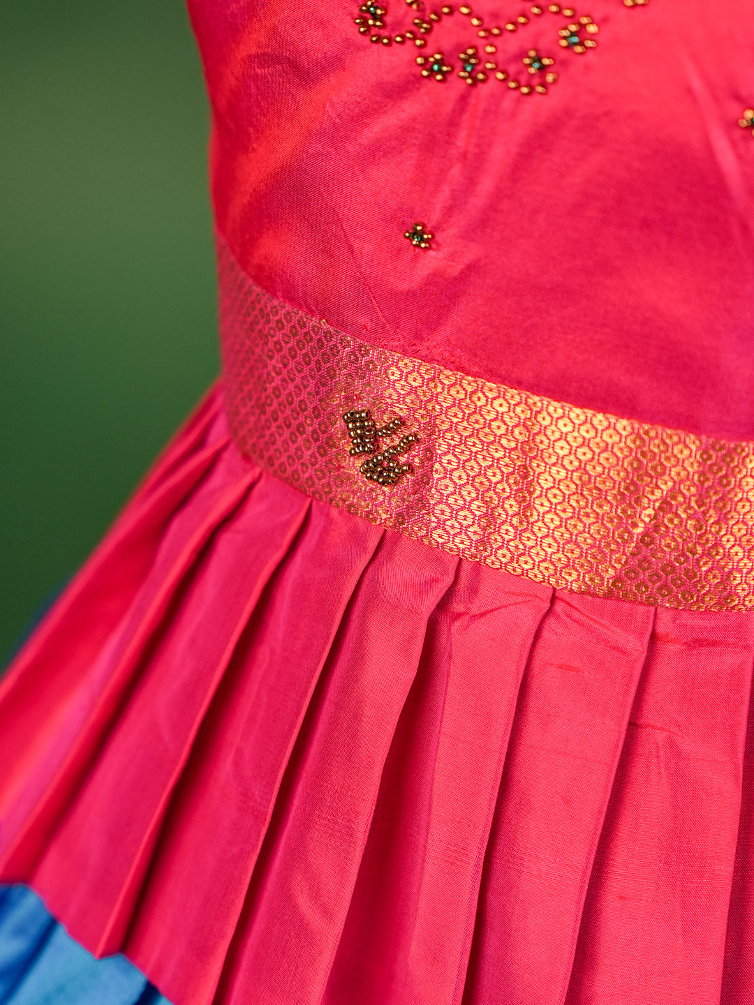 Elegant Pink Pleated Peplum Blouse with Royal Blue & Gold Zari Border Pattu Pavadai