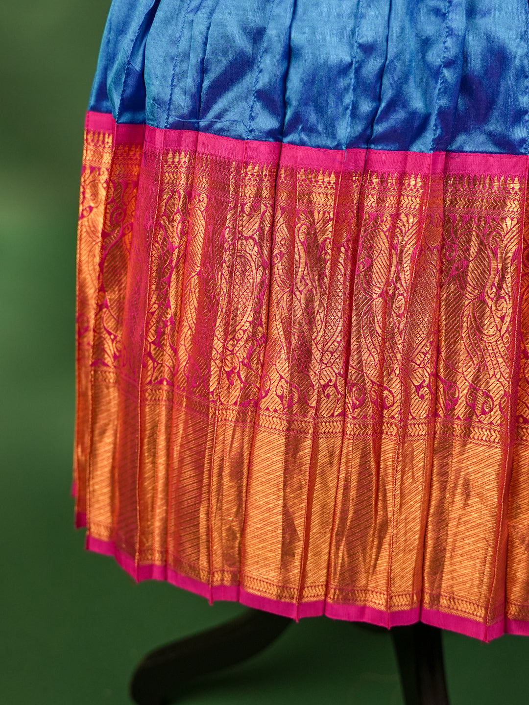 Elegant Pink Pleated Peplum Blouse with Royal Blue & Gold Zari Border Pattu Pavadai
