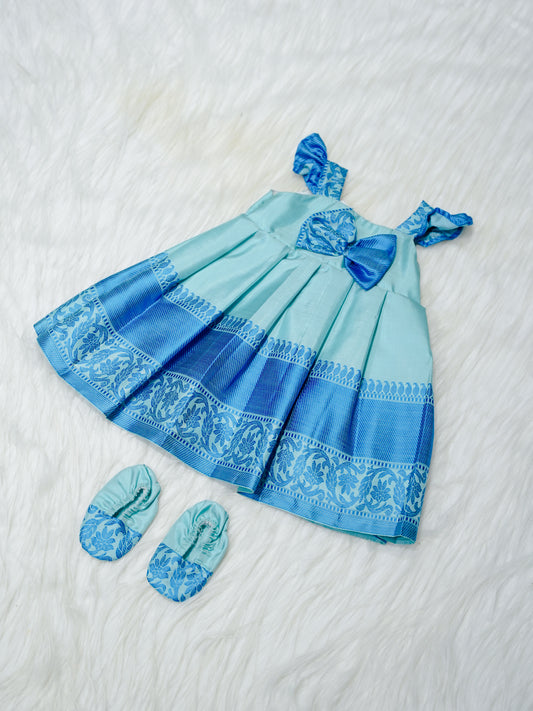 Aqua & Royal Blue Silk Newborn Girl Gown with Booties