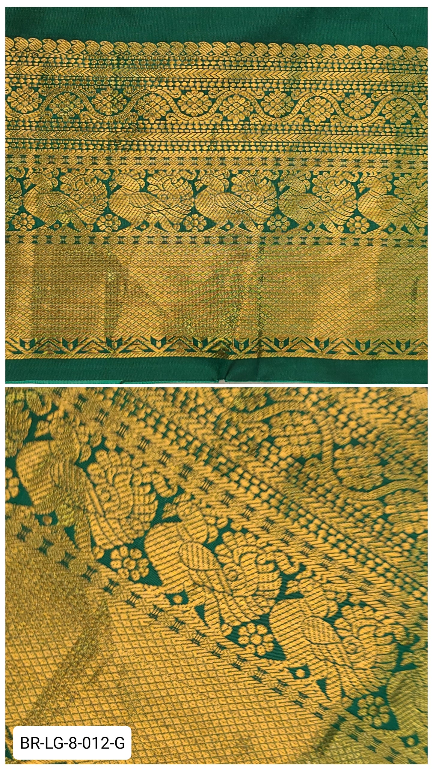 8 Inch Pure Kanchipuram Silk Zari Border – Leaf Green with Gold Zari Floral & Peacock Weave
