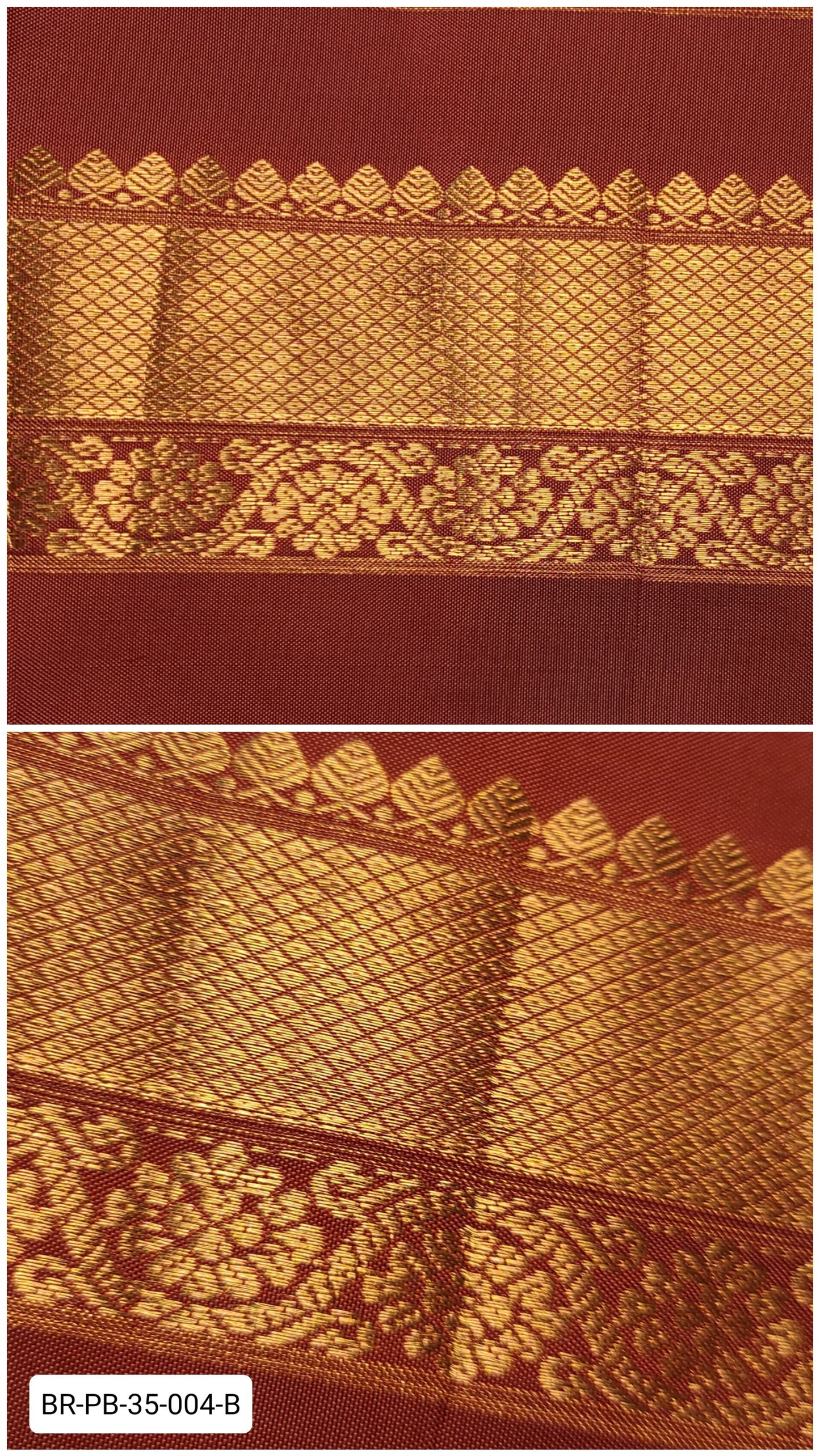 Pure Kanchipuram Silk Zari Border – Rust Red with Gold Floral & Diamond Weave (Per Meter)