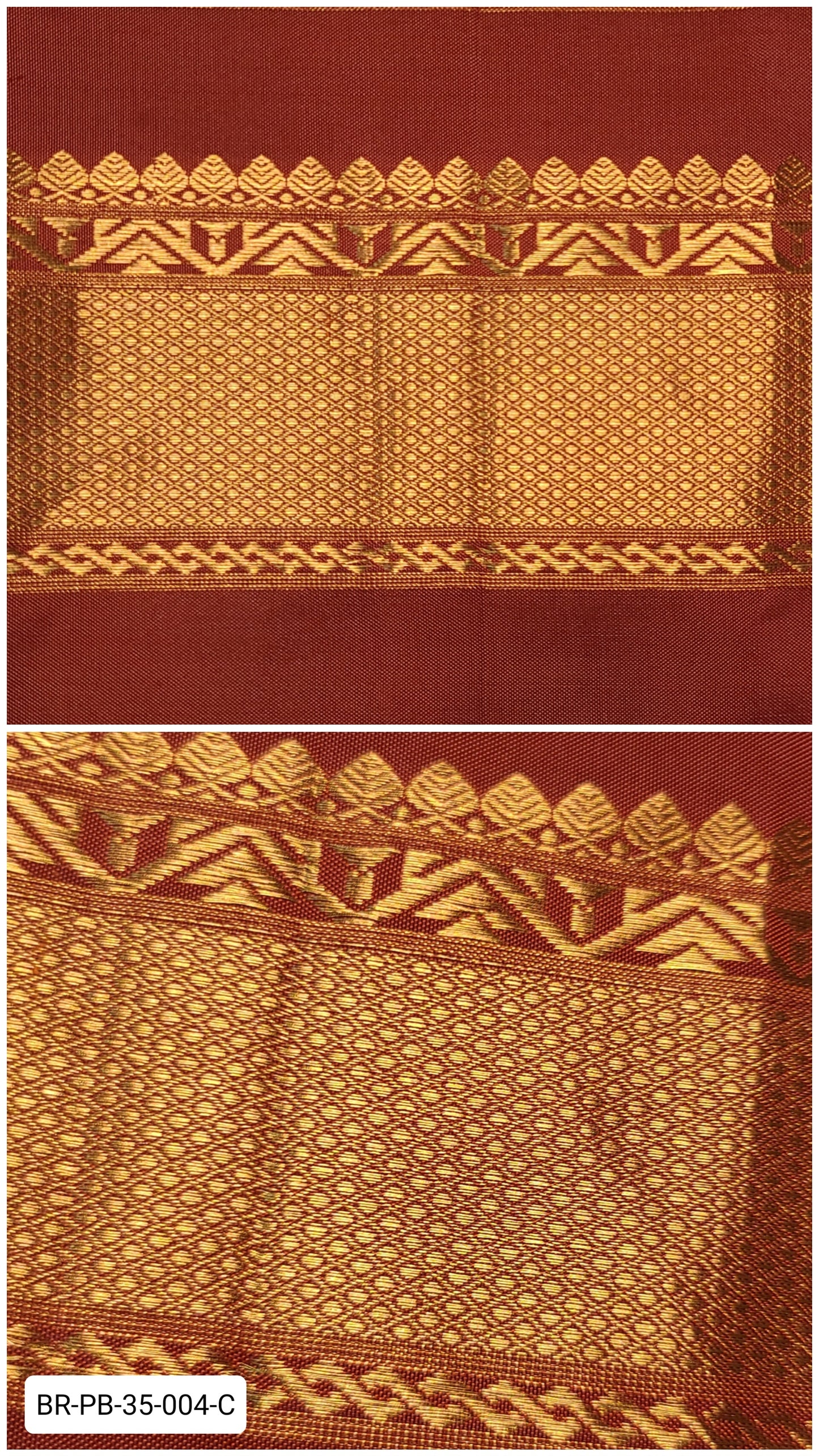 Pure Kanchipuram Silk Zari Border – Rust Red with Gold Temple & Leaf Motifs (Per Meter)