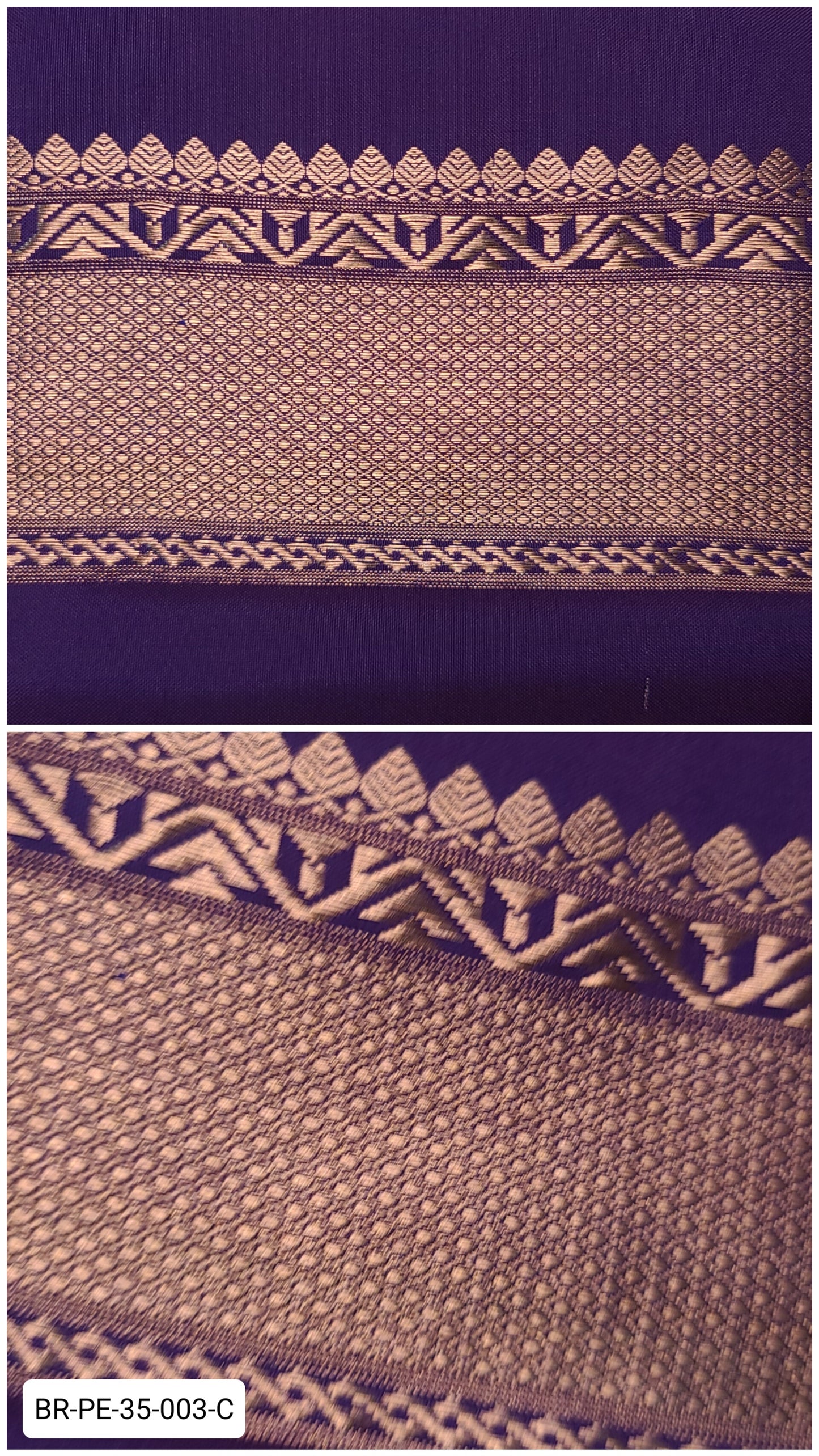Pure Kanchipuram Silk Zari Border – Deep Purple with GoldTemple & Geometric Weave (Per Meter)