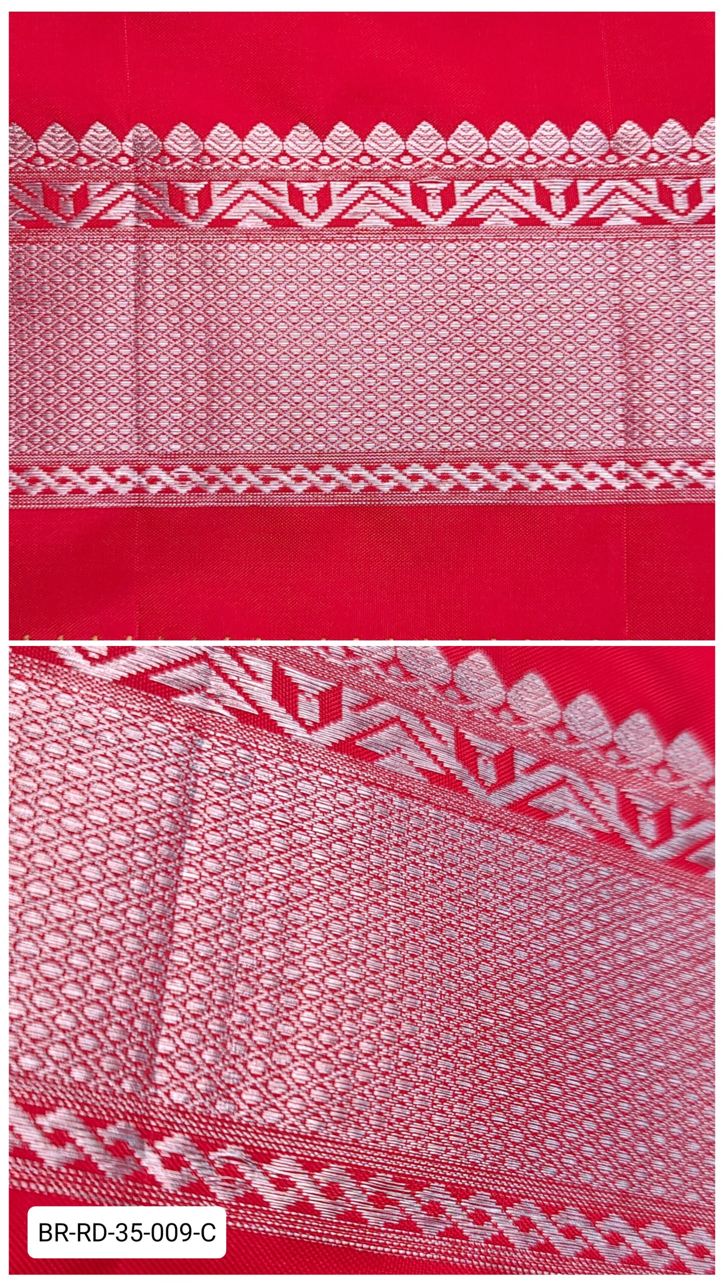 Pure Kanchipuram Silk Zari Border – Red with Silver Geometric & Temple Motifs (Per Meter)