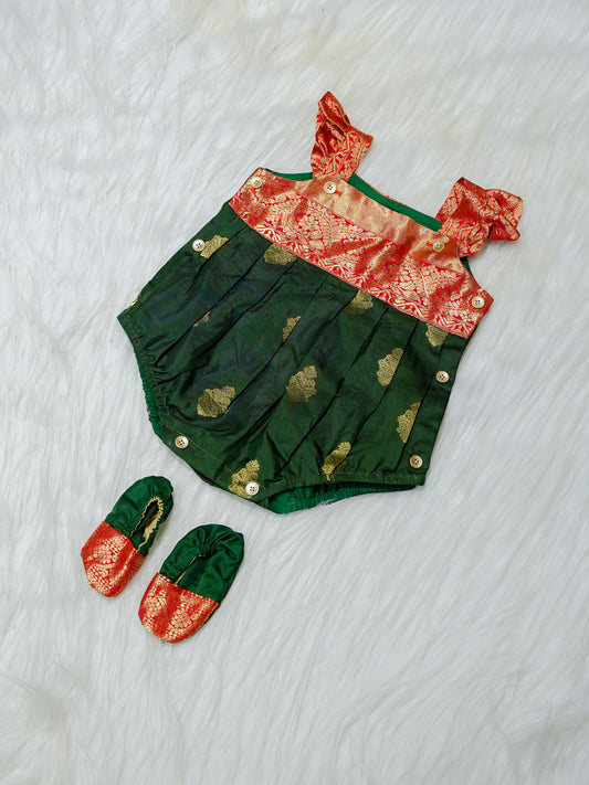 Emerald & Red Brocade Newborn Girl Bubble Romper with Booties