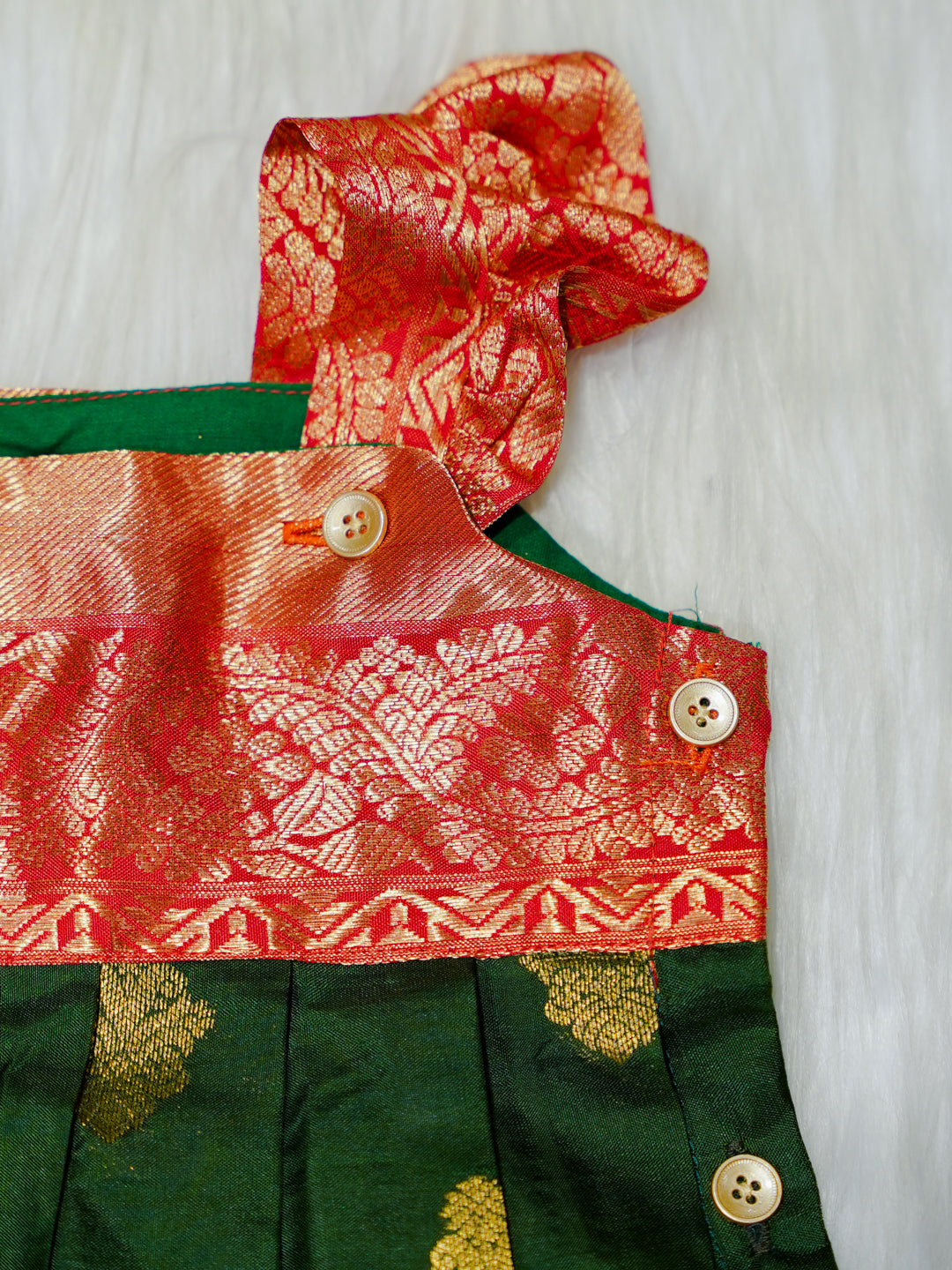 Emerald & Red Brocade Newborn Girl Bubble Romper with Booties