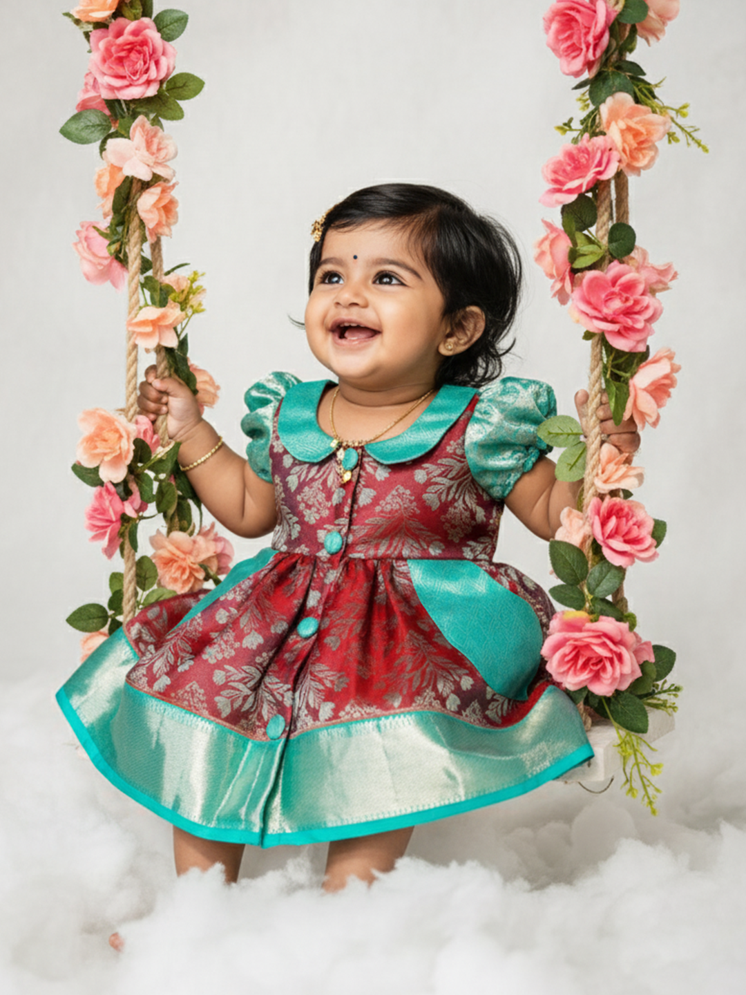Red & Teal Baby Silk Frock — Pure Kanchipuram Silk (0–1 Year)