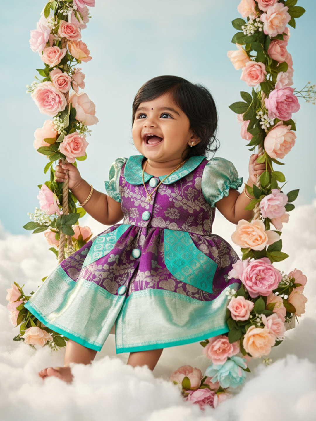 Purple & Mint Baby Silk Frock — Pure Kanchipuram Silk (0–1 Year)