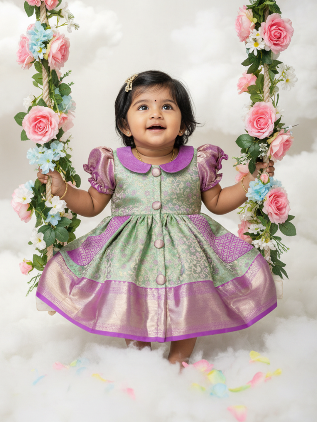 Mint Green & Lavender Baby Silk Frock — Pure Kanchipuram Silk (0–1 Year)