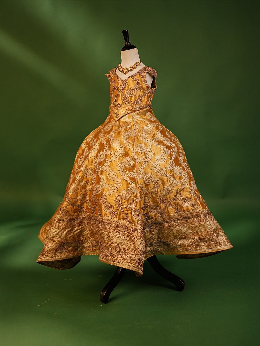 Luxury Gold Birthday Gown for Girls – Hand Embroidered with Silver Zari & Soft Net