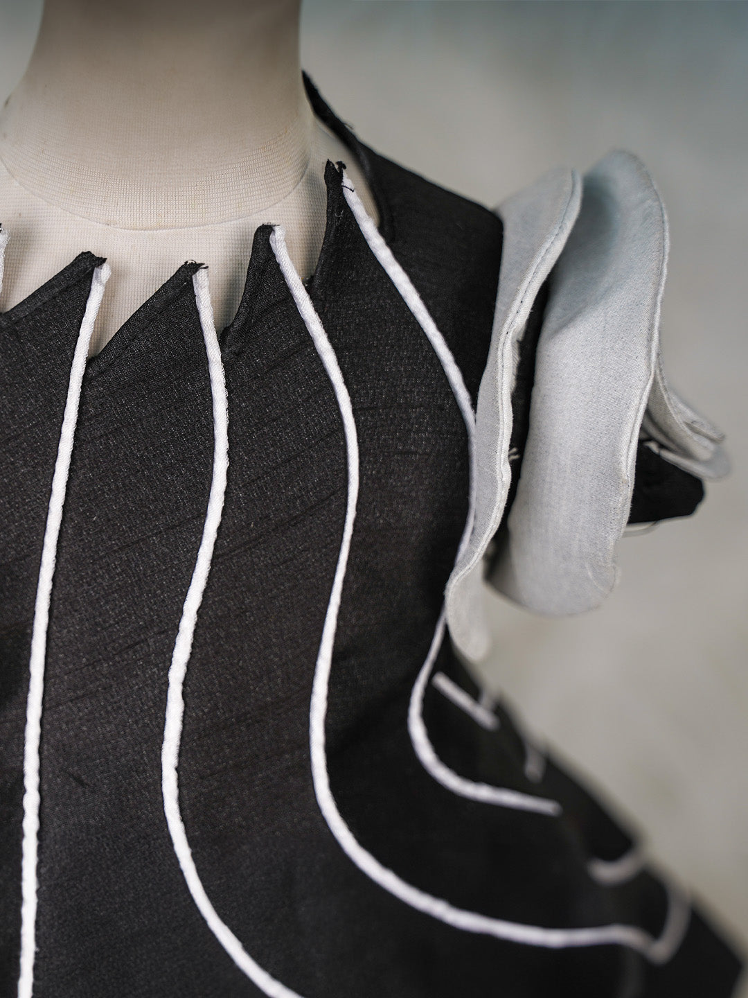 Self Designed Pannelled Black and White Rosette Silk Gown