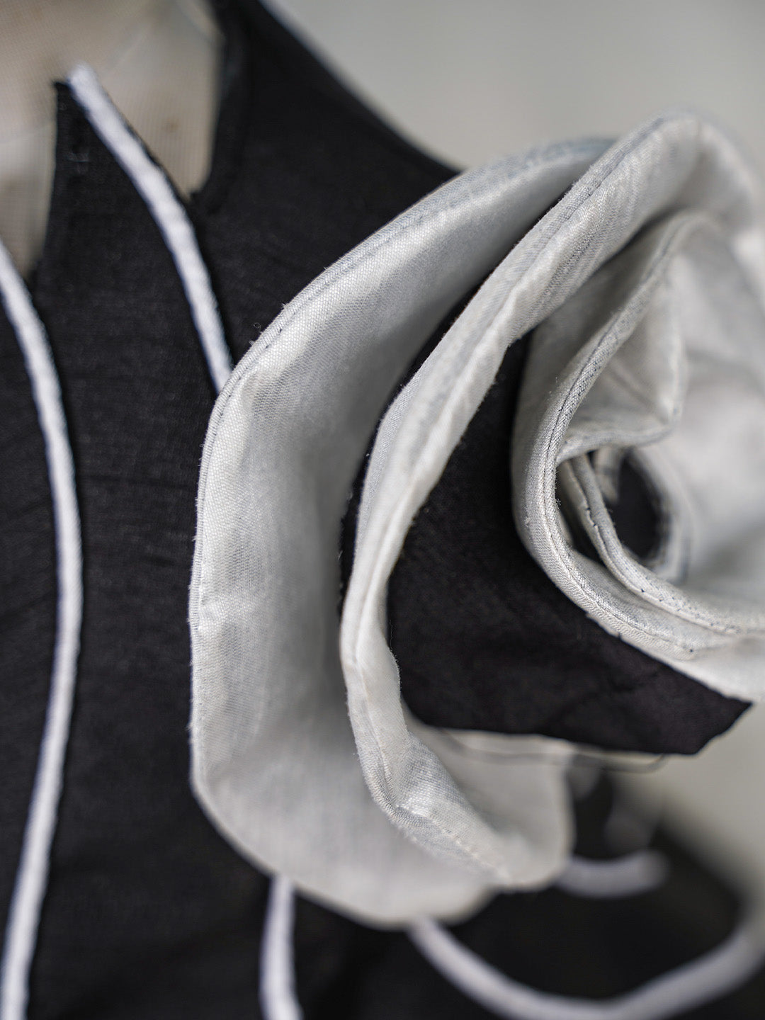 Self Designed Pannelled Black and White Rosette Silk Gown