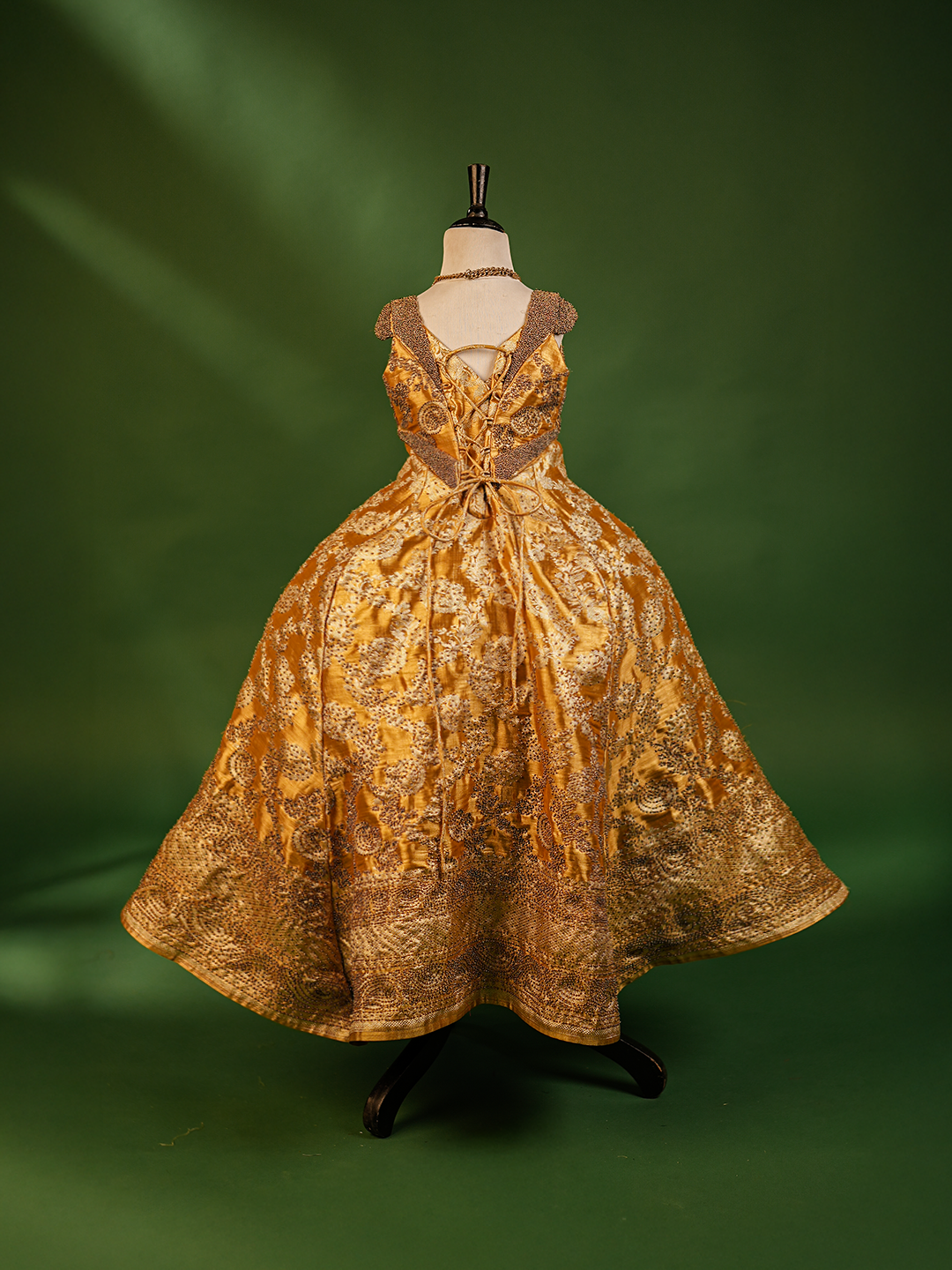 Luxury Gold Birthday Gown for Girls – Hand Embroidered with Silver Zari & Soft Net