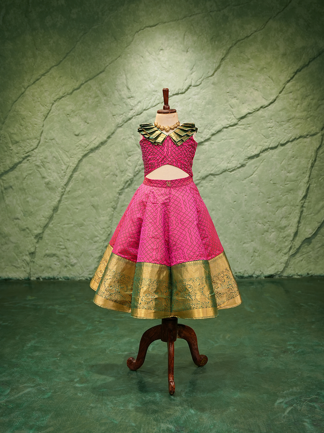 Royal Pink Kanchipuram Silk Lehenga with Contrast Green Collar Blouse