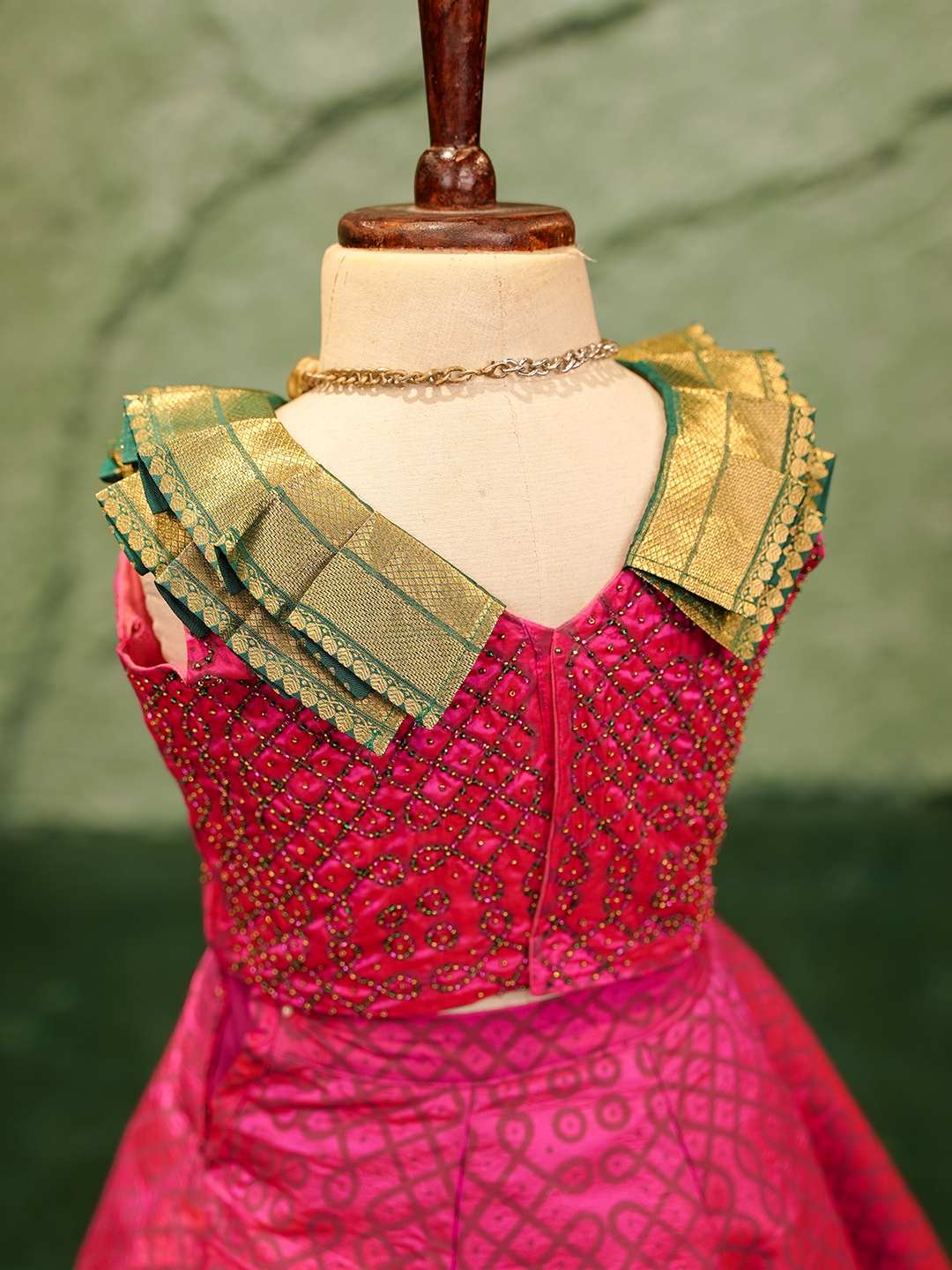 Royal Pink Kanchipuram Silk Lehenga with Contrast Green Collar Blouse