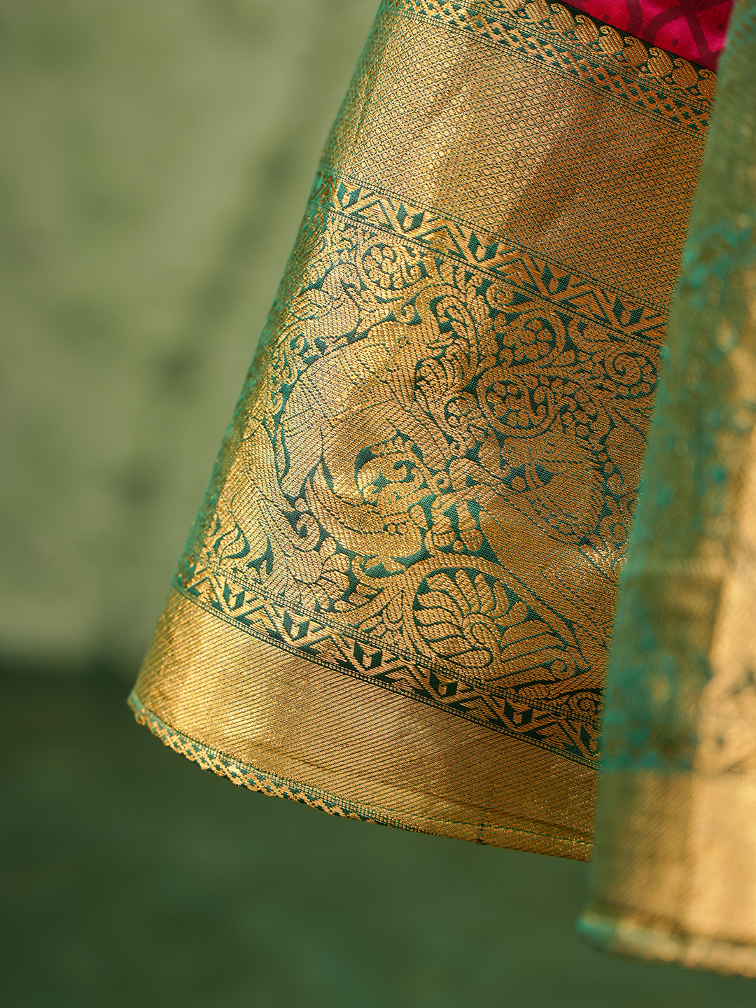 Royal Pink Kanchipuram Silk Lehenga with Contrast Green Collar Blouse