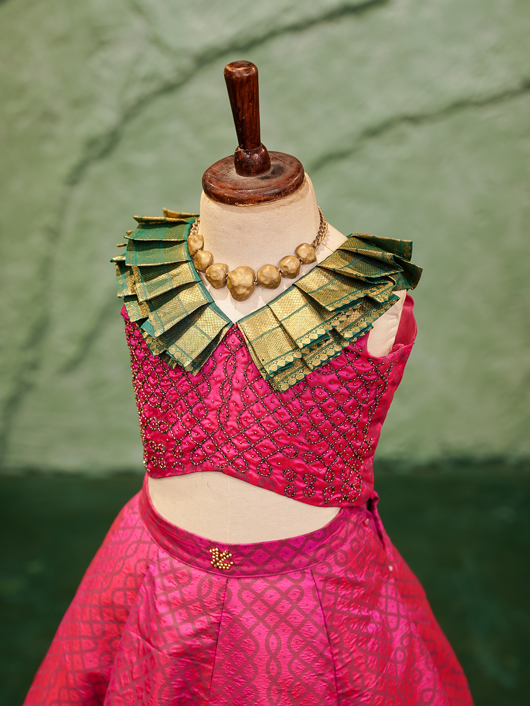 Royal Pink Kanchipuram Silk Lehenga with Contrast Green Collar Blouse