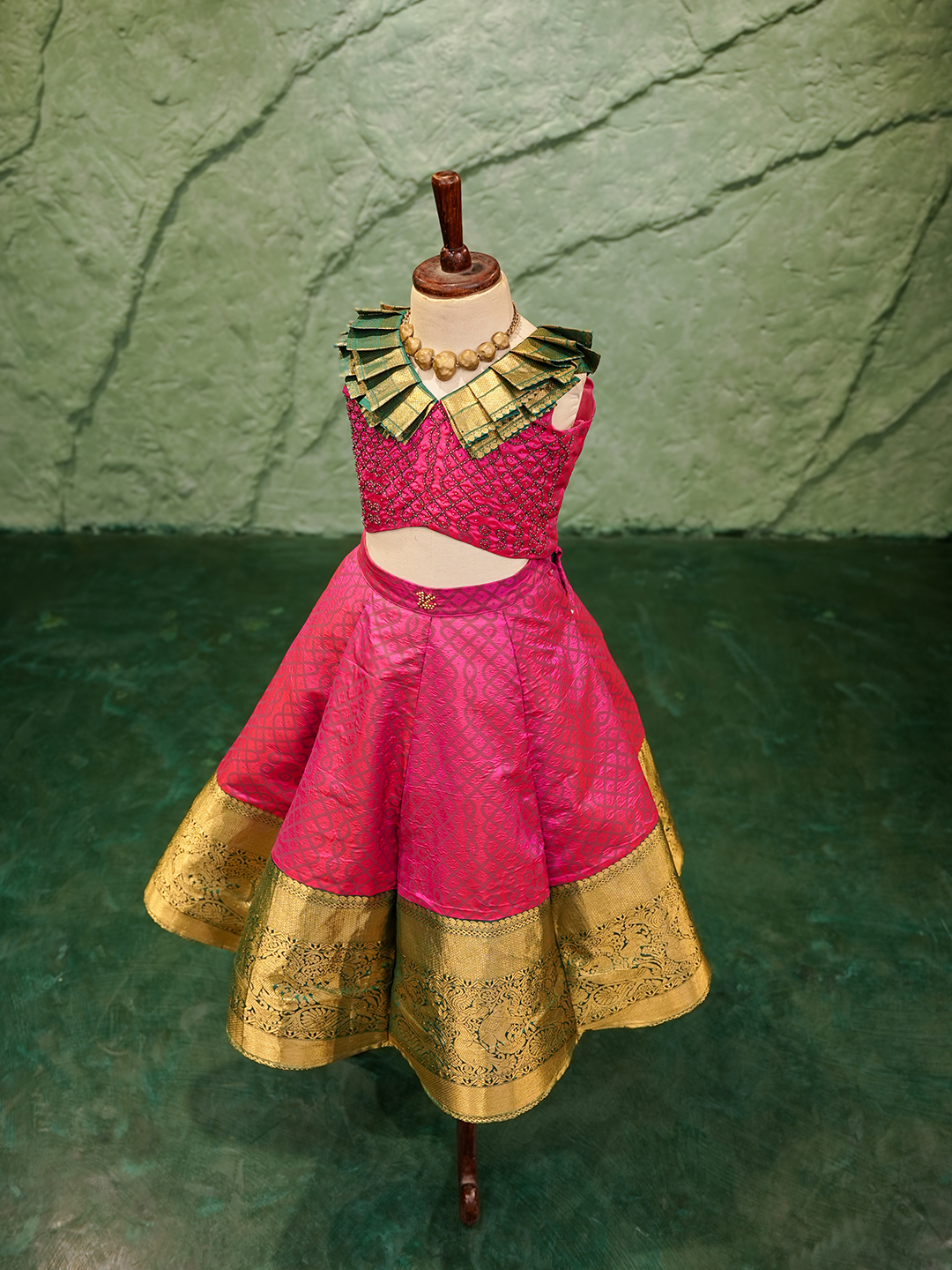 Royal Pink Kanchipuram Silk Lehenga with Contrast Green Collar Blouse