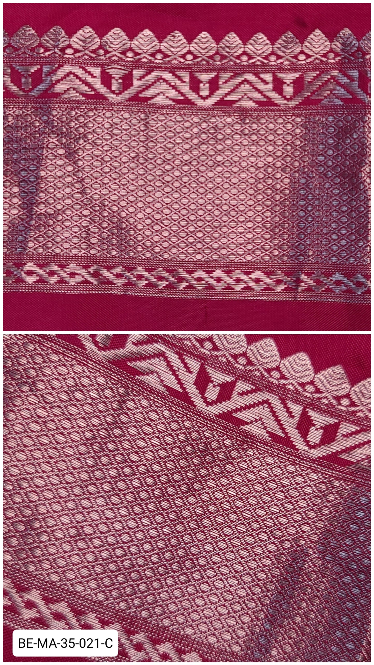 Pure Kanchipuram Silk Zari Border – Maroon with Silver Geometric & Leaf Motifs (Per Meter)