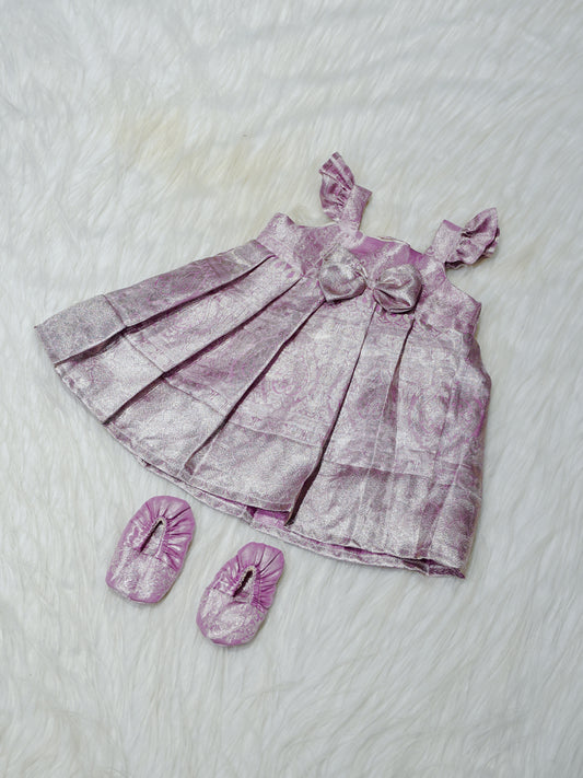 Lavender Silver Brocade Newborn Girl Gown with Booties