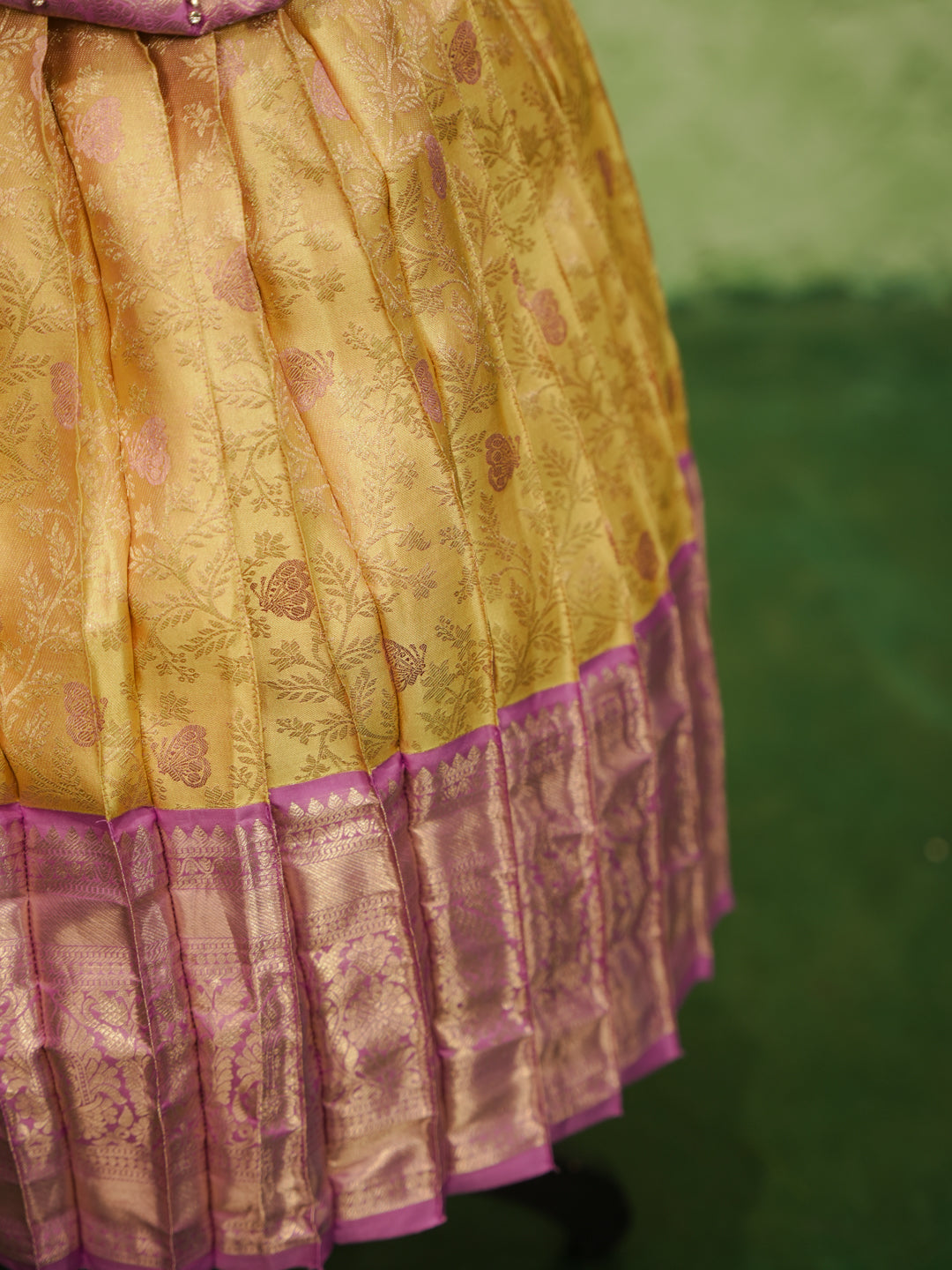 Lavender and gold pattu pavadai in pure Kanchipuram silk with zari skirt and embellished blouse —skirt