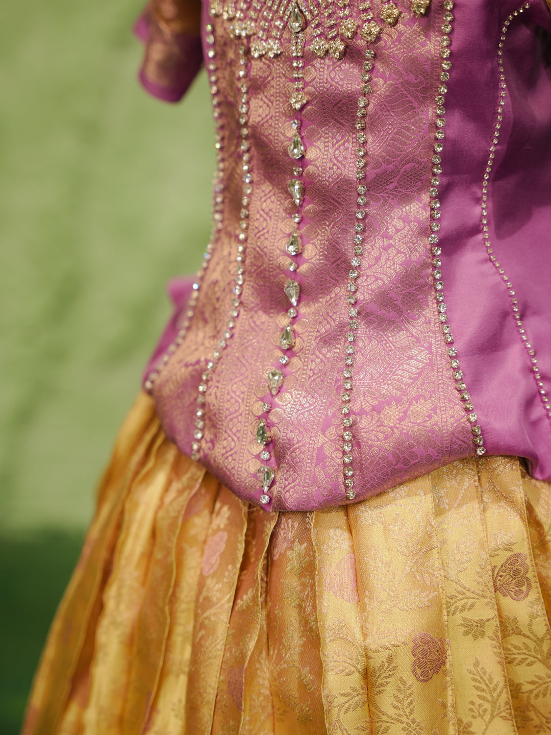 Lavender and gold pattu pavadai in pure Kanchipuram silk with zari skirt and embellished blouse —waist