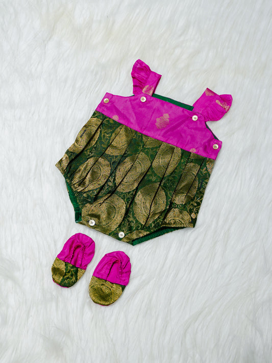 Magenta & Green Gold Brocade Newborn Girl Bubble Romper with Booties