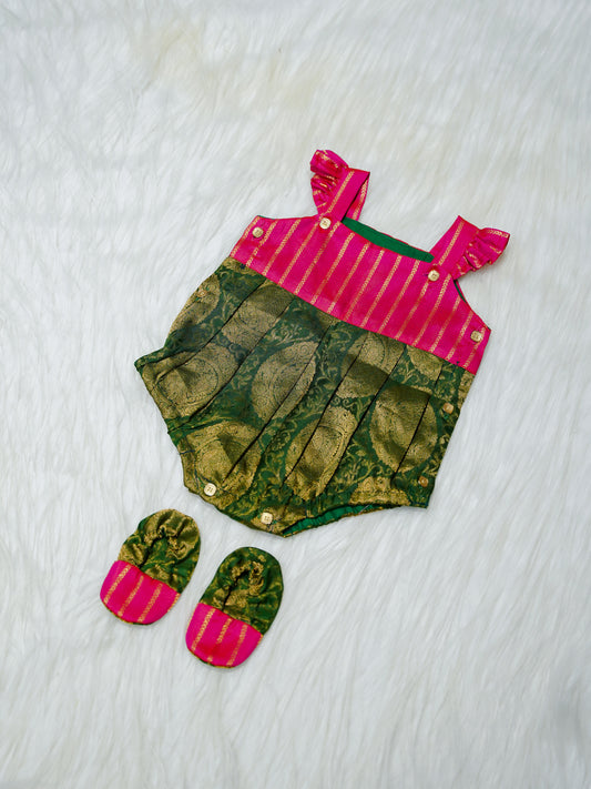 Magenta & Green Silk Newborn Girl Bubble Romper with Booties