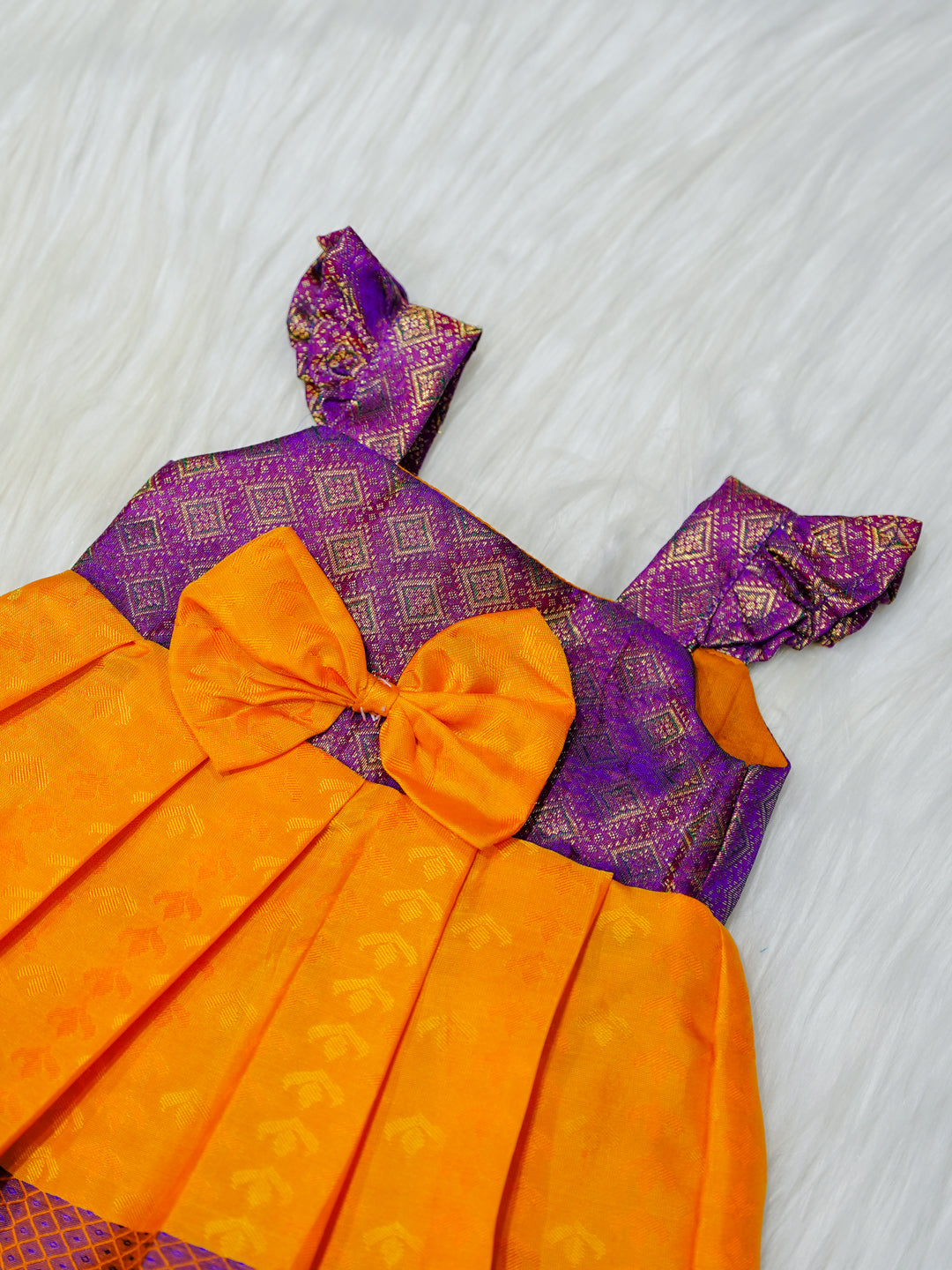 Mango & Purple Silk Newborn Girl Gown with Booties