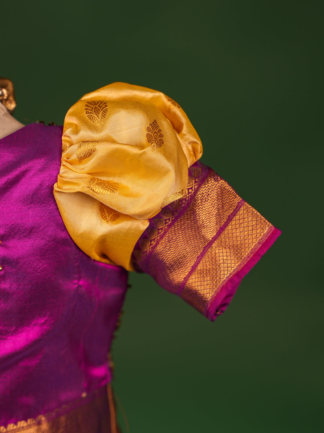 Royal Elegance Kanchipuram Silk Pattu Pavadai with Contrast Magenta Blouse & Heart Cut Back