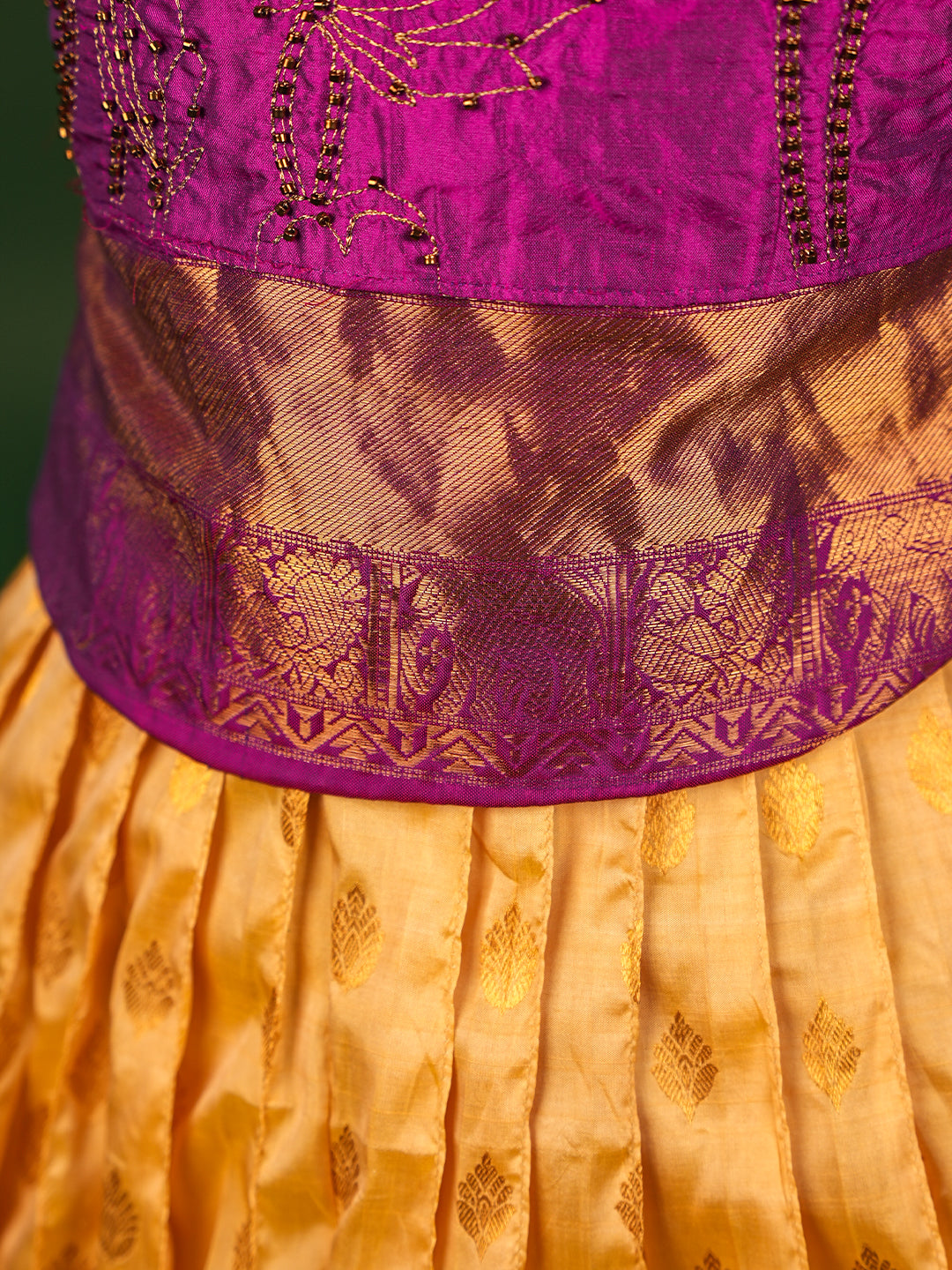 Royal Elegance Kanchipuram Silk Pattu Pavadai with Contrast Magenta Blouse & Heart Cut Back