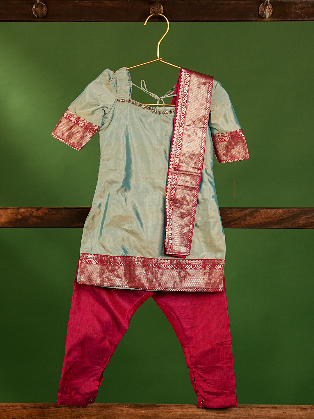 Powder Blue & Pink Pure Kanchipuram Silk Kurta Set – Half Sleeves with Silver Zari Border