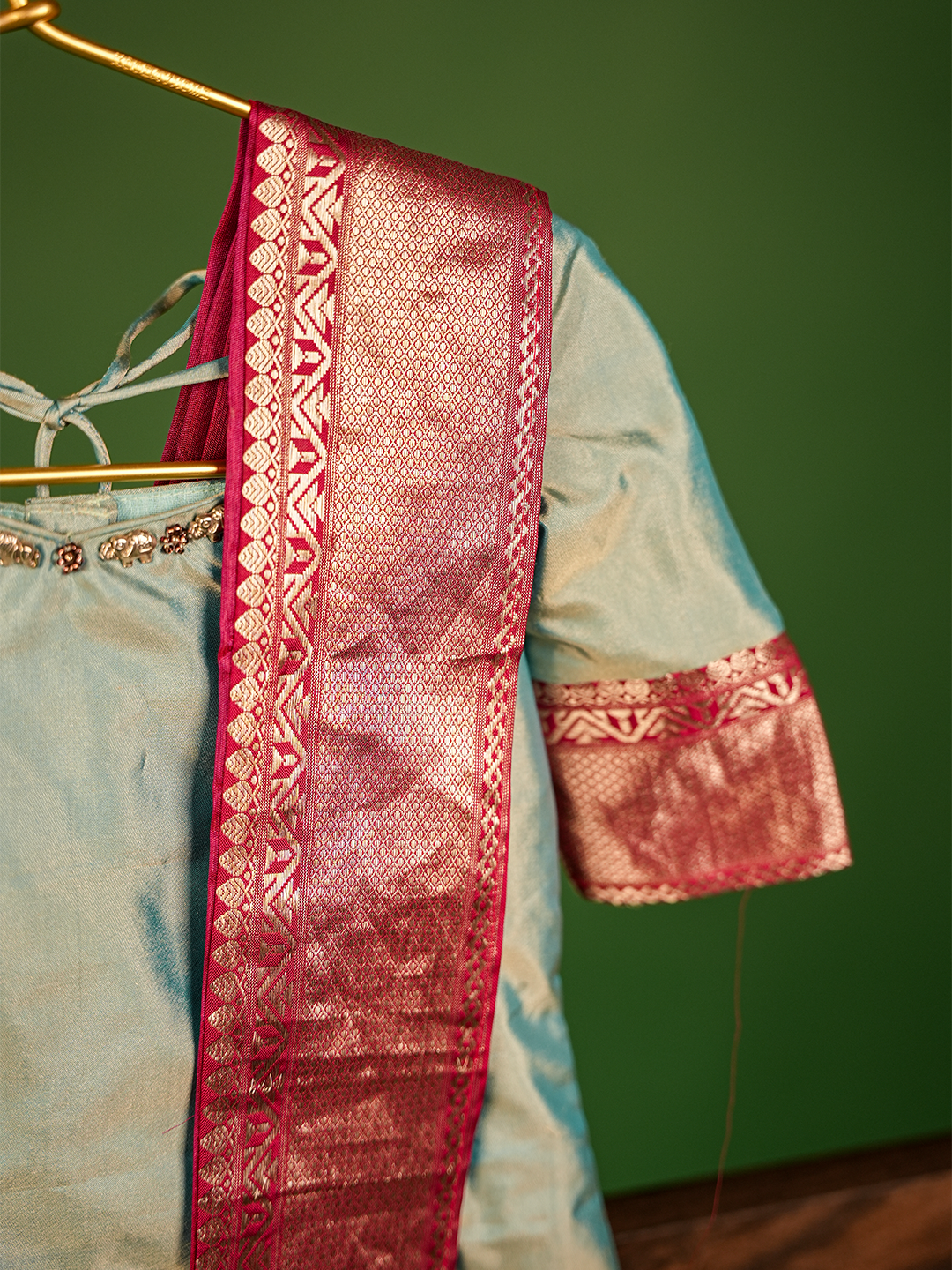 Powder Blue & Pink Pure Kanchipuram Silk Kurta Set – Half Sleeves with Silver Zari Border