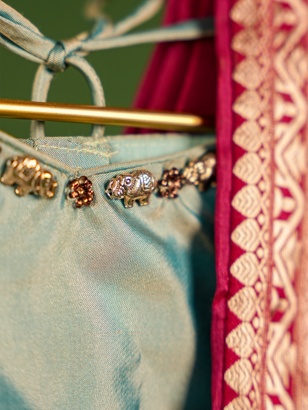 Powder Blue & Pink Pure Kanchipuram Silk Kurta Set – Half Sleeves with Silver Zari Border