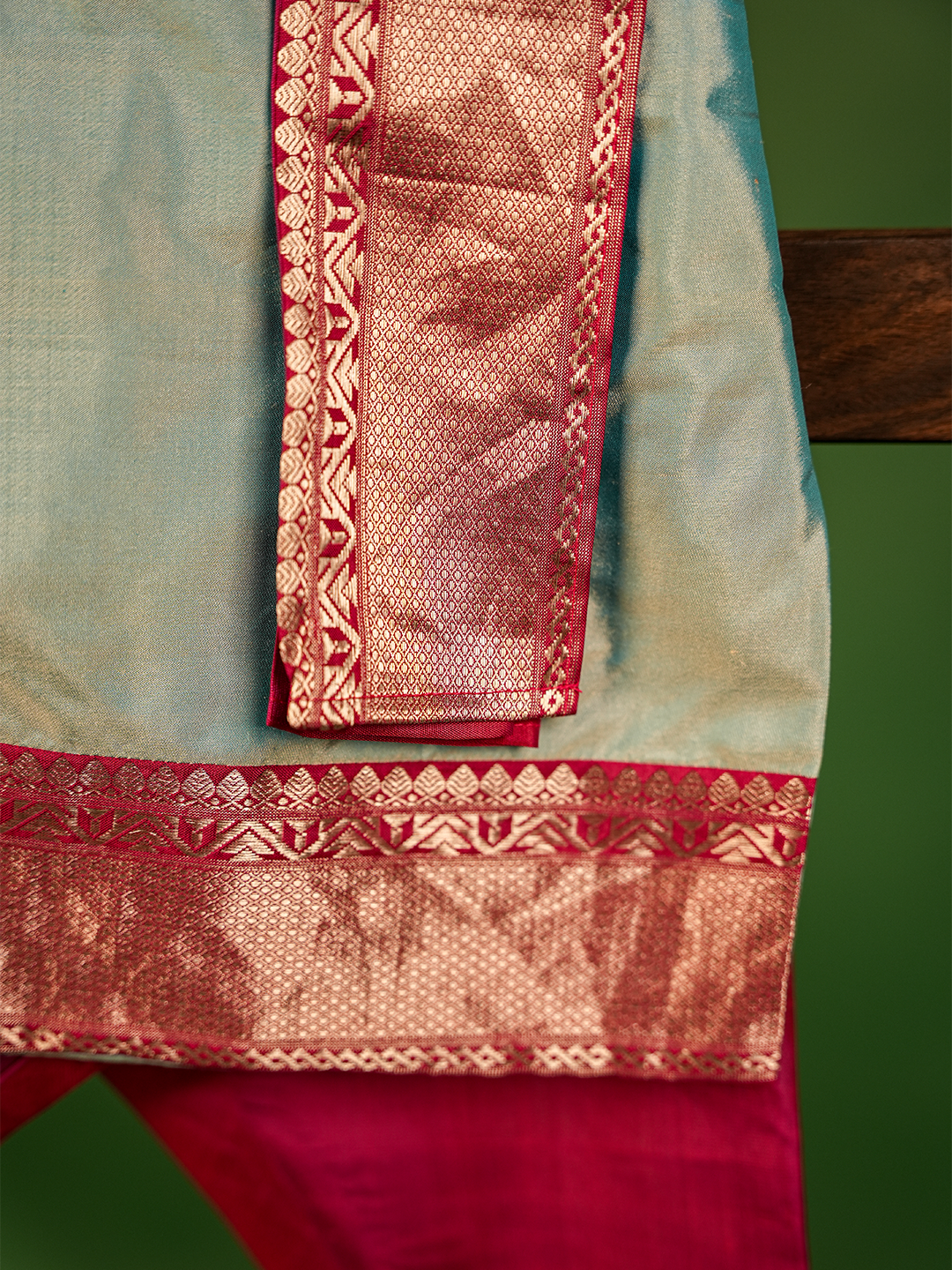 Powder Blue & Pink Pure Kanchipuram Silk Kurta Set – Half Sleeves with Silver Zari Border