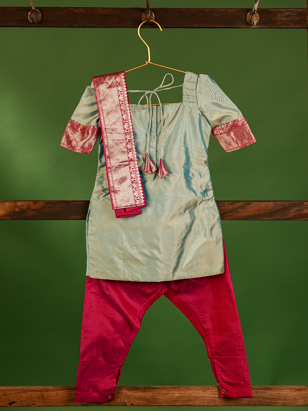 Powder Blue & Pink Pure Kanchipuram Silk Kurta Set – Half Sleeves with Silver Zari Border