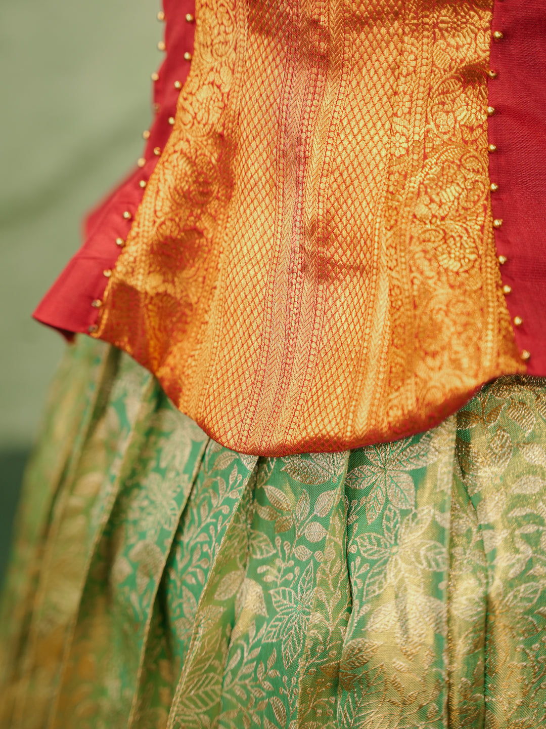 Pure Kanchipuram silk pattu pavadai for girls in ruby red blouse and turquoise green skirt with golden zari border-3