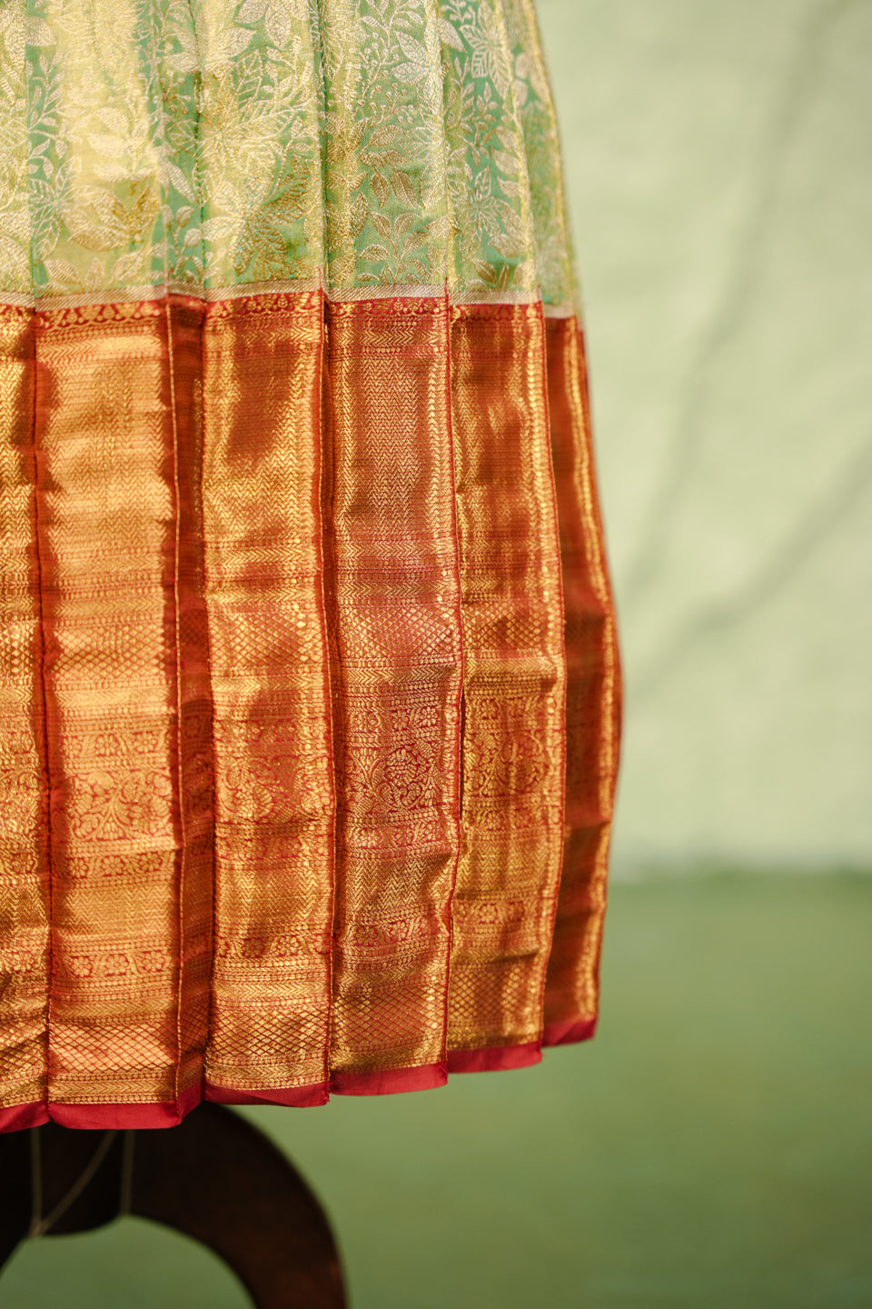 Pure Kanchipuram silk pattu pavadai for girls in ruby red blouse and turquoise green skirt with golden zari border-4