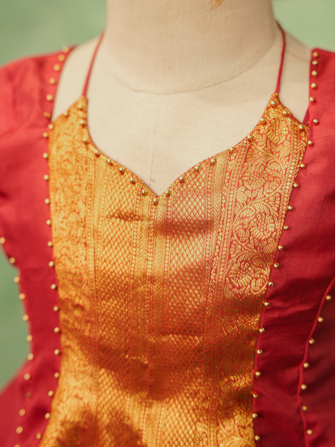 Pure Kanchipuram silk pattu pavadai for girls in ruby red blouse and turquoise green skirt with golden zari border-5