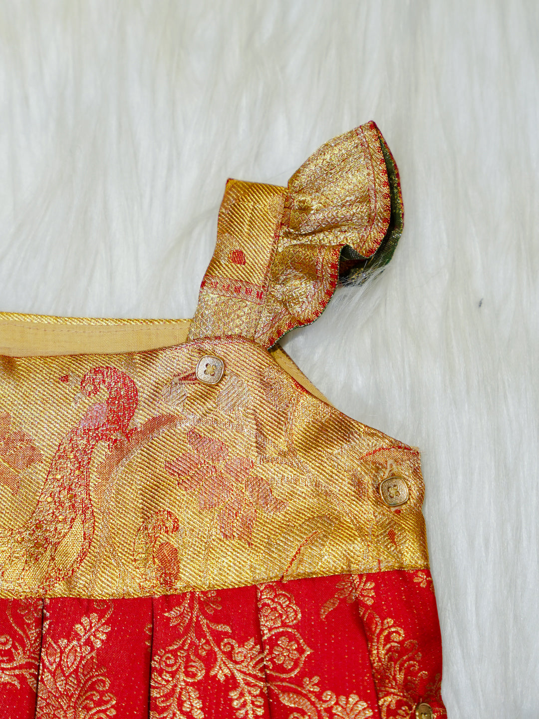 Red & Gold Brocade Newborn Girl Bubble Romper with Booties