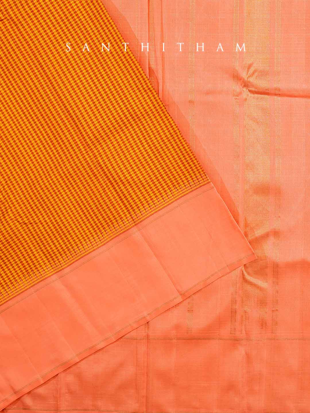 Peach and Multi-coloured Checks Silk Saree