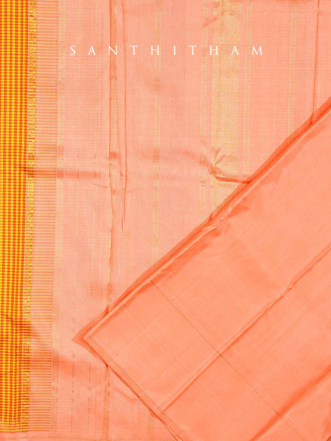 Peach and Multi-coloured Checks Silk Saree