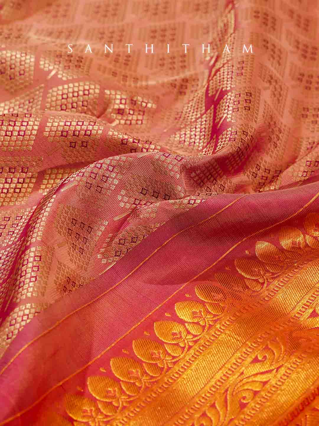 Exquisite Gold and Peach Silk Saree