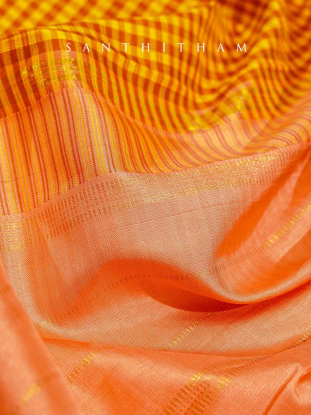 Peach and Multi-coloured Checks Silk Saree