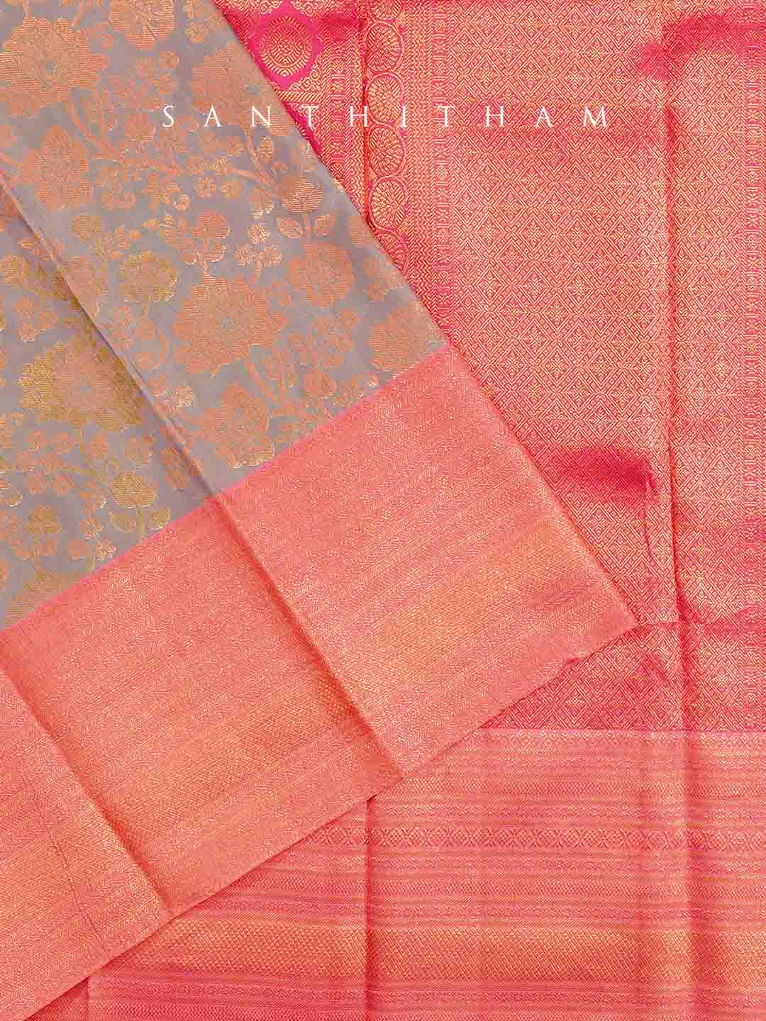Light Grey and Peach Silk Saree