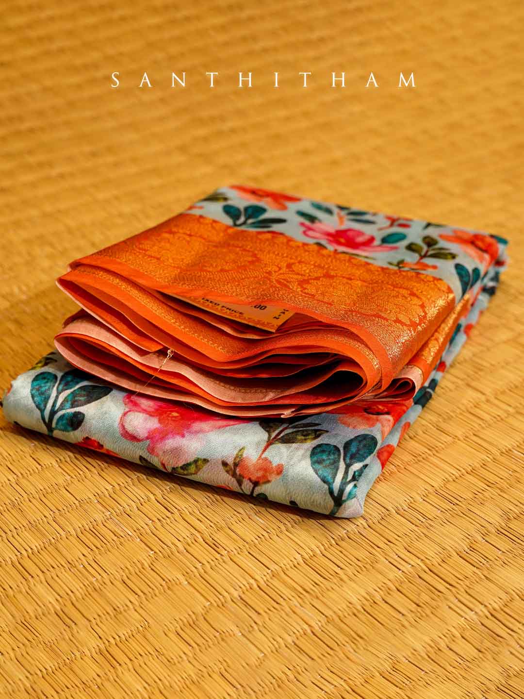 Powder Blue and Tangerine Orange Floral Print Cotton Saree