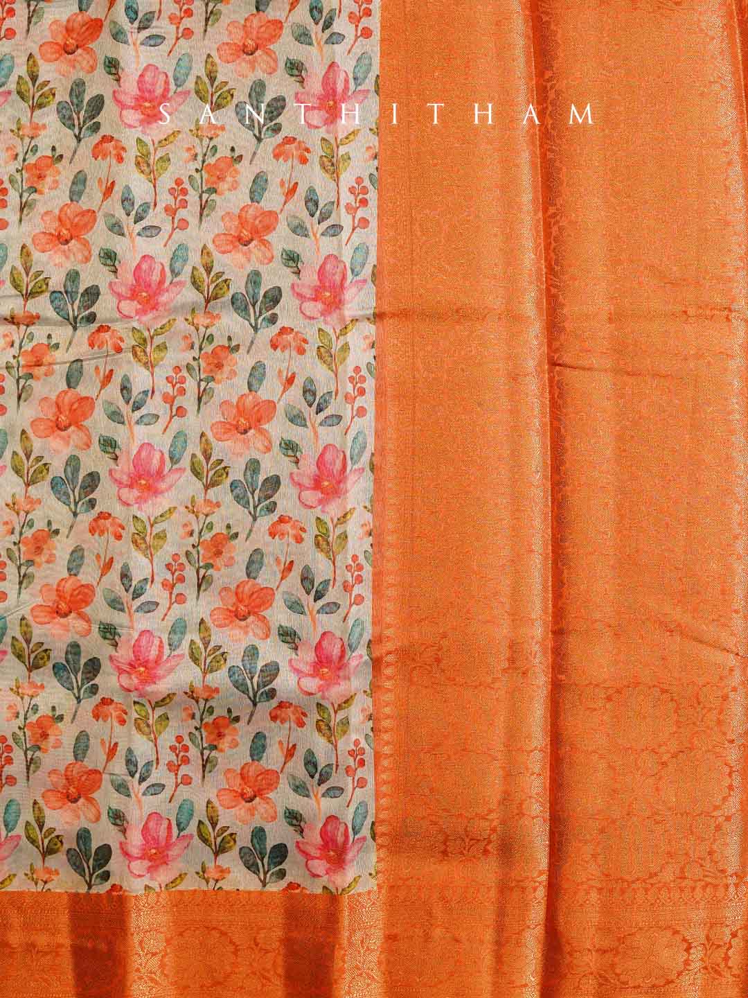 Powder Blue and Tangerine Orange Floral Print Cotton Saree